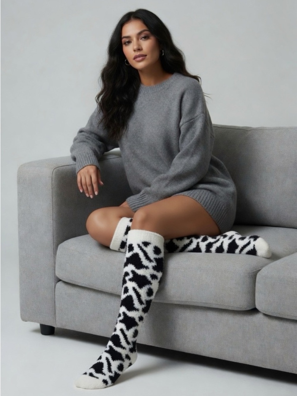 Cozy Black & White Patterned Fuzzy Knee Socks 2 pair
